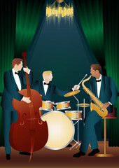 Fototapeta premium Jazz musicians on a universal background. Double bass, saxophone, drum. Musicians play musical instruments
