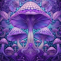 Magical Psychedelic Mushrooms in Kaleidoscope of Violet Shades and Tones. Symmetrical Design. Surreal Mystical Fairy Tale Creature Illustration. 