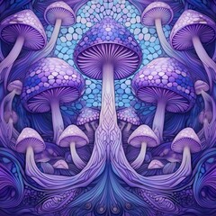 Magical Psychedelic Mushrooms in Kaleidoscope of Violet Shades and Tones. Symmetrical Design. Surreal Mystical Fairy Tale Creature Illustration. 