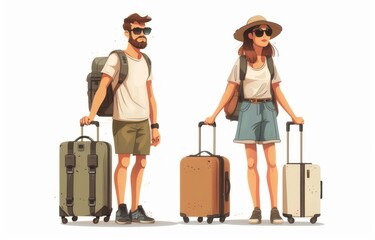Whimsical wanderlust: amusing cartoons showcase tourists with suitcases, embarking on vibrant vacation escapades filled with fun, discovery, and adventure, exploring the world's wonders.