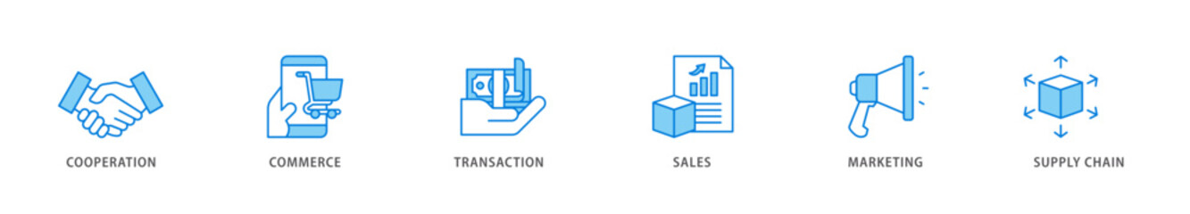 Business to business icon packs for your design digital and printing of cooperation, commerce, transaction, sales, marketing, supply chain icon live stroke and easy to edit 