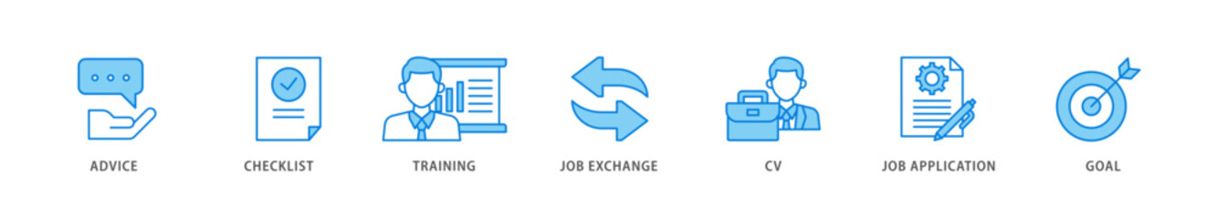 Career planning icon packs for your design digital and printing of advice, checklist, training, job exchange, cv, job application and goal icon live stroke and easy to edit 