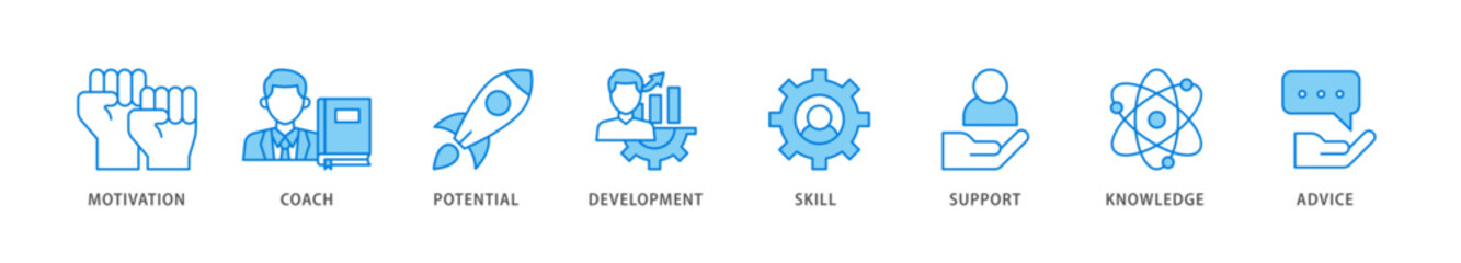 Obraz premium Coaching icon packs for your design digital and printing of motivation, coach, potential, development, skill, support, knowledge, and advice icon live stroke and easy to edit 