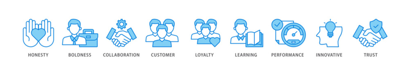 Company values icon packs for your design digital and printing of honesty, boldness, collaboration, customer loyalty, learning, performance, innovative, trust icon live stroke and easy to edit 
