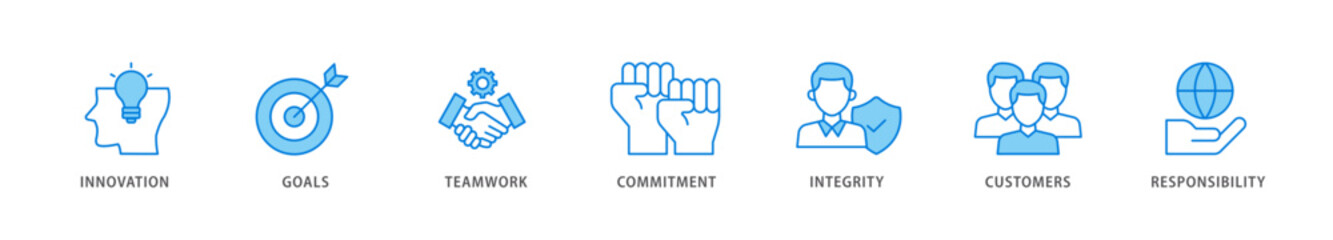 Obraz premium Core values icon packs for your design digital and printing of innovation, goals, teamwork, commitment, integrity, customers, and responsibility icon live stroke and easy to edit 