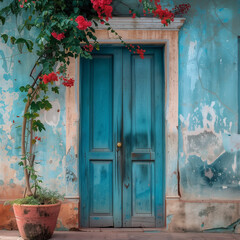 Charming Blue Door with Flowering Plant in a Rustic Setting