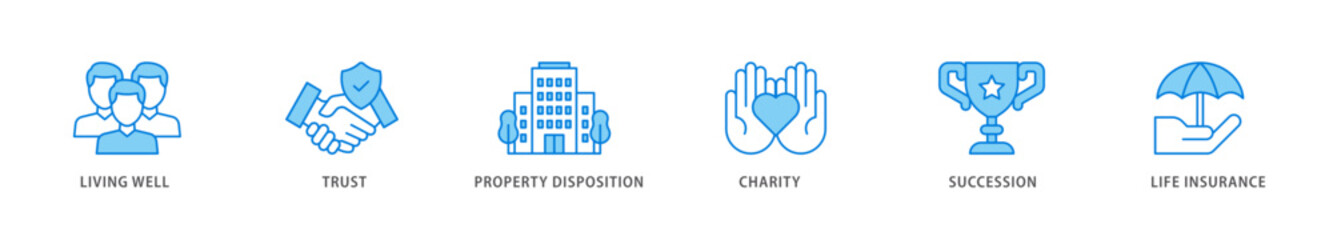 Estate planning icon packs for your design digital and printing of living well, trust, property disposition, charity, succession, life insurance icon live stroke and easy to edit 