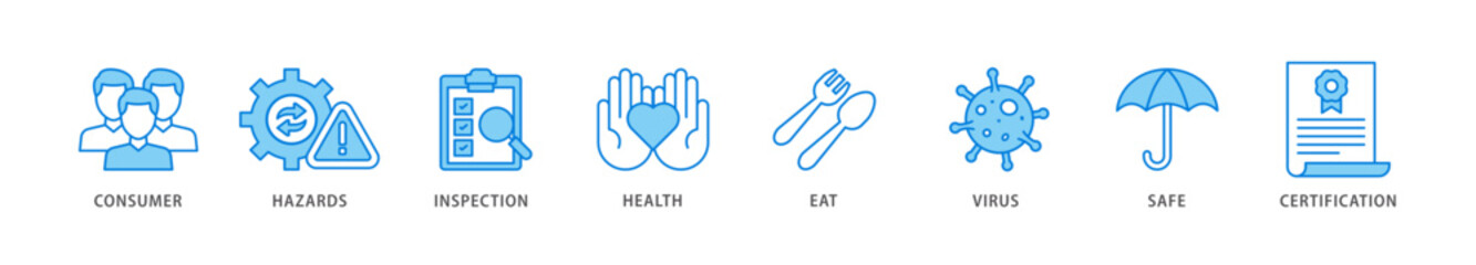 Food safety icon packs for your design digital and printing of consumer, hazards, inspection, health, eat, virus, safe and certification icon live stroke and easy to edit 