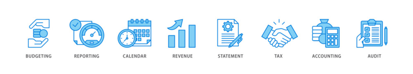 Fiscal year icon packs for your design digital and printing of budgeting, reporting, calendar, revenue, statement, tax, accounting, audit icon live stroke and easy to edit 