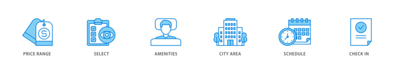 Hotel booking icon packs for your design digital and printing of city area, check in, schedule, amenities, select, price range icon live stroke and easy to edit 