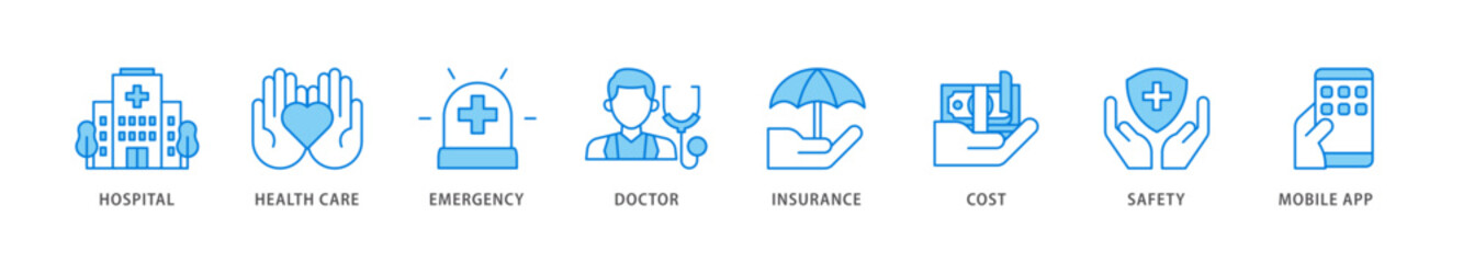Medical care icon packs for your design digital and printing of hospital, health care, emergency, doctor, insurance, cost, safety, mobile app icon live stroke and easy to edit 