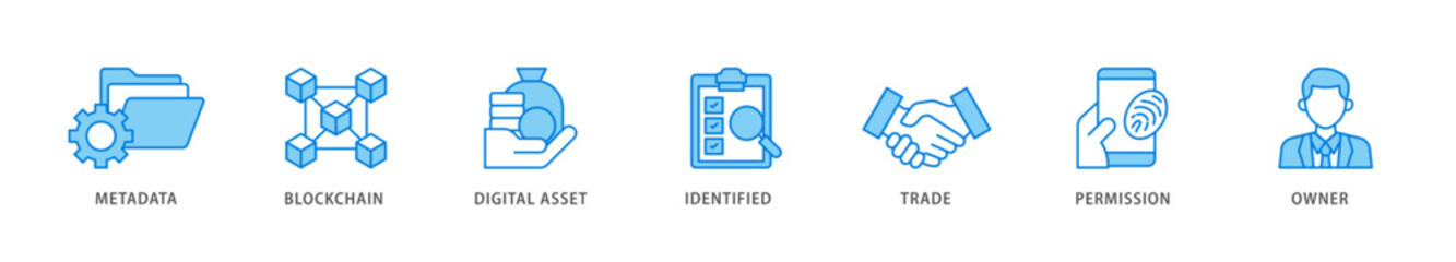 Nft icon packs for your design digital and printing of metadata, blockchain, digital asset, identified, trade, permission and owner icon live stroke and easy to edit 