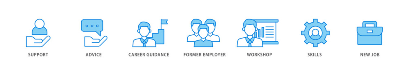 Outplacement icon packs for your design digital and printing of mer employer, workshop, skills, new job, training, and presentation icon live stroke and easy to edit 