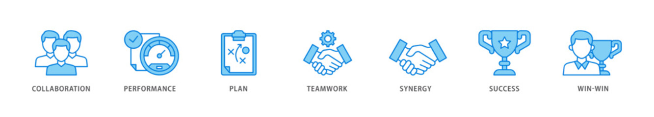 Partnership icon packs for your design digital and printing of collaboration, performance, plan, teamwork, synergy, success and win win solution icon live stroke and easy to edit 