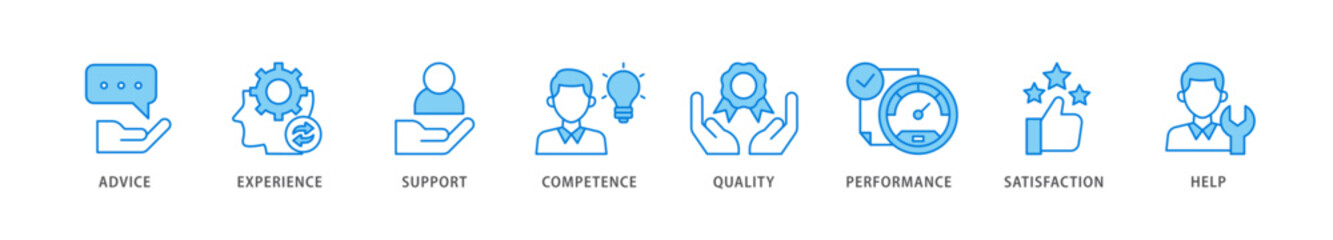 Service icon packs for your design digital and printing of advice, experience, support, competence, quality, performance, satisfaction, help, and call center icon live stroke and easy to edit 