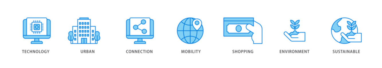 Smart city icon packs for your design digital and printing of technology, urban, connection, mobility, shopping, environment and sustainable icon live stroke and easy to edit 