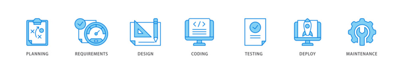 Software development icon packs for your design digital and printing of planning, requirements, design, coding, testing, deploy and maintenance icon live stroke and easy to edit 