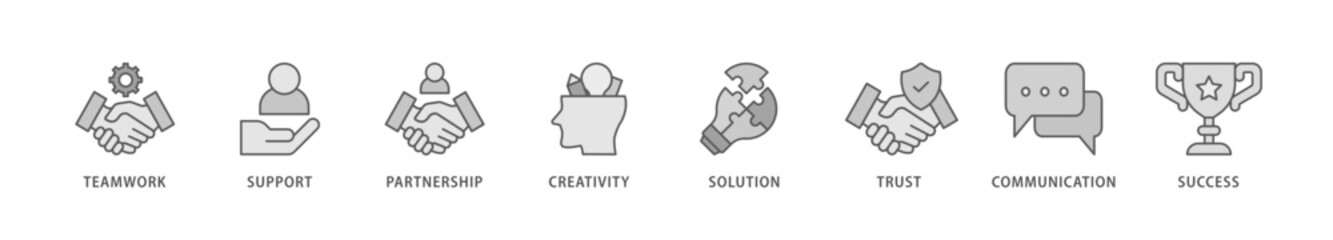 Collaboration icon packs for your design digital and printing of teamwork, support, partnership, creativity, solution, trust, communication, success icon live stroke and easy to edit 