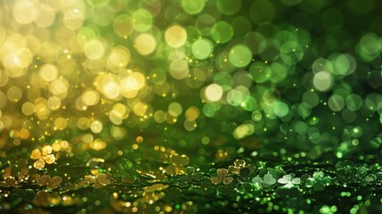 Fototapeta premium illustration abstract of shiny gold bokeh and sparkling colors for invitation, greeting card, St Patty's day celebration. Ai generated