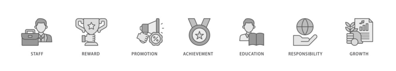 Employee motivation icon packs for your design digital and printing of staff, reward, promotion, achievement, education, responsibility and growth icon live stroke and easy to edit 