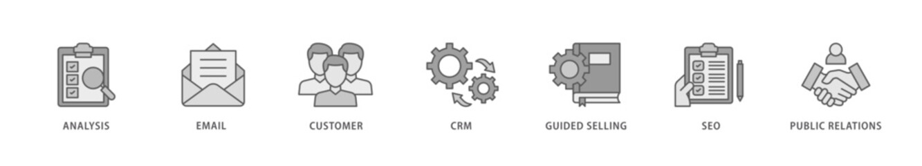 Fototapeta premium Inbound marketing icon packs for your design digital and printing of analysis, email, customer, crm, guided selling, seo and public relations icon live stroke and easy to edit 