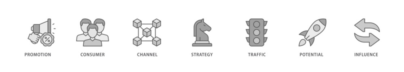 Lead generation icon packs for your design digital and printing of promotion, consumer, channel, strategy, traffic, potential and influence icon live stroke and easy to edit 