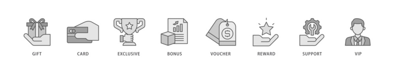 Loyalty program icon packs for your design digital and printing of vip, support, bonus, reward, voucher, exclusive, card, gift icon live stroke and easy to edit 