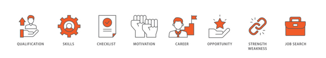 Career icon packs for your design digital and printing of define goal, checklist, strengths weaknesses, motivation, qualification, support and success icon live stroke and easy to edit 