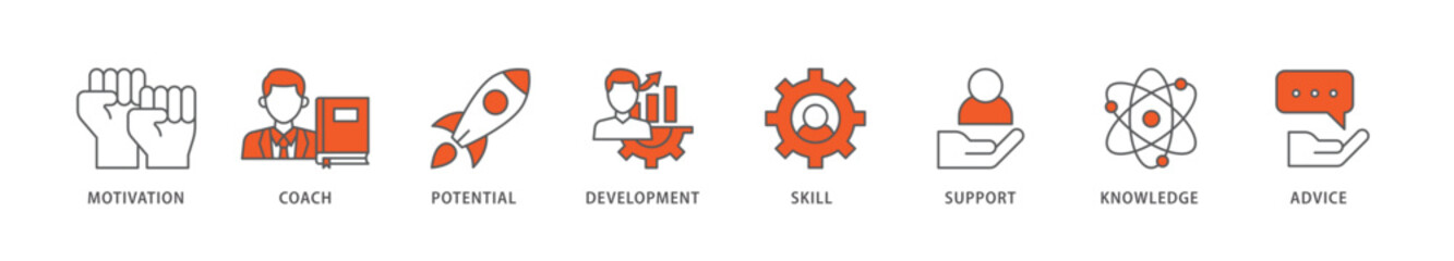 Coaching icon packs for your design digital and printing of motivation, coach, potential, development, skill, support, knowledge, and advice icon live stroke and easy to edit 