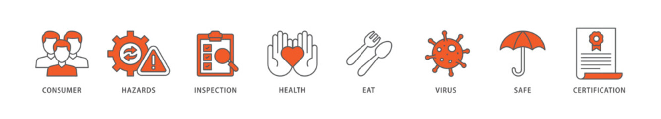 Fototapeta premium Food safety icon packs for your design digital and printing of consumer, hazards, inspection, health, eat, virus, safe and certification icon live stroke and easy to edit 