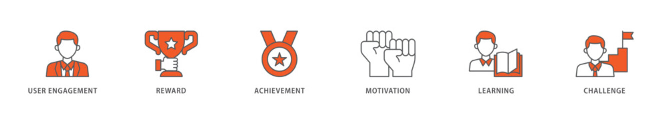 Gamification icon packs for your design digital and printing of user engagement, reward, achievement, motivation, learning, and challenge icon live stroke and easy to edit 
