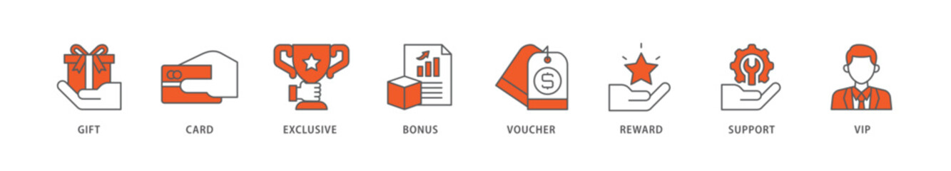 Loyalty program icon packs for your design digital and printing of vip, support, bonus, reward, voucher, exclusive, card, gift icon live stroke and easy to edit 