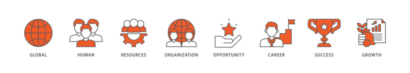 Management icon packs for your design digital and printing of global, human resources, organization, opportunity, career, success and growth icon live stroke and easy to edit 