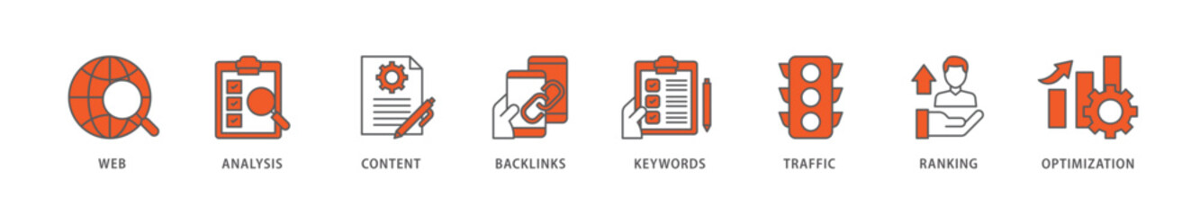 SEO icon packs for your design digital and printing of website, analysis, content, backlinks, keywords, traffic, ranking, and optimization icon live stroke and easy to edit 