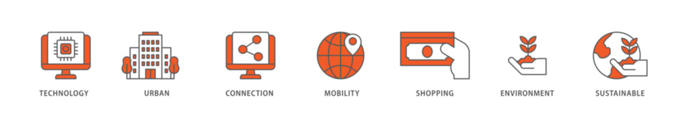 Fototapeta premium Smart city icon packs for your design digital and printing of technology, urban, connection, mobility, shopping, environment and sustainable icon live stroke and easy to edit 