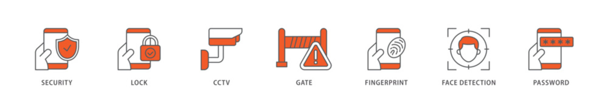 Security system icon packs for your design digital and printing of password, gate, face detection, finger print, cctv, lock, security icon live stroke and easy to edit 