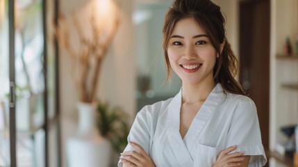 Fototapeta premium Asian woman manicurist stands with arms folded and smiles at the camera