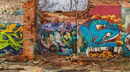A crumbling brick wall adorned with vibrant graffiti murals, symbolizing the resilience and creativity of marginalized communities in urban environments