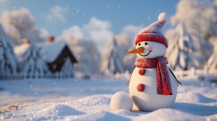 Obraz premium close up view of cute snowman with hat and scarf on winter snow background. Ai generated