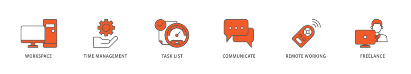 Work from home icon packs for your design digital and printing of workspace, time management, task list, communicate, remote working and freelance icon live stroke and easy to edit 