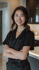 Asian woman manicurist stands with arms folded and smiles at the camera