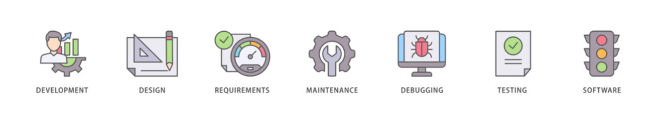 Agile icon packs for your design digital and printing of development, design, requirements, maintenance, debugging, testing and software icon live stroke and easy to edit 