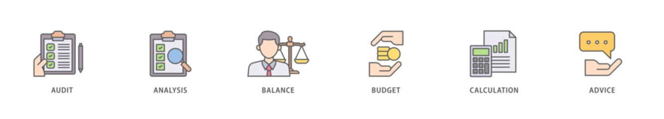 Accounting icon packs for your design digital and printing of audit, analysis, balance, budget, calculation, and advice icon live stroke and easy to edit 