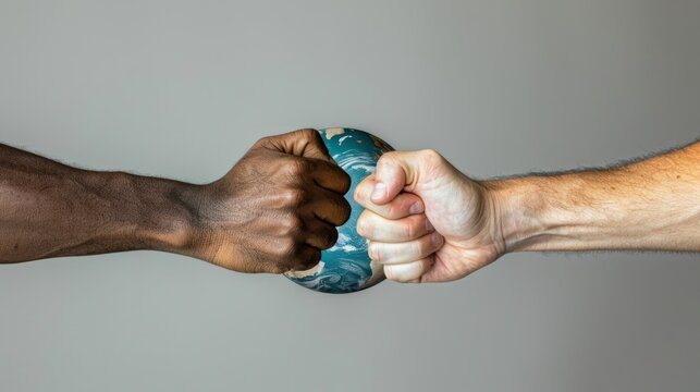 close-up view of two arms with different racial skin colors with a globe. Ai generated