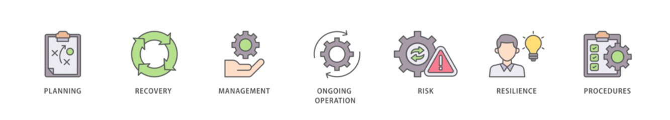 Business continuity icon packs for your design digital and printing of management, ongoing operation, risk, resilience, and procedures icon live stroke and easy to edit 