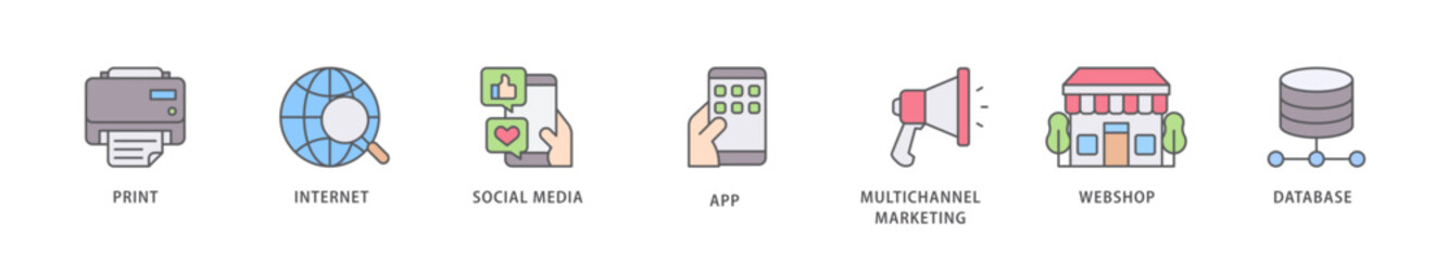 Cross media icon packs for your design digital and printing of print, internet, social media, app, multichannel marketing, webshop and database icon live stroke and easy to edit 