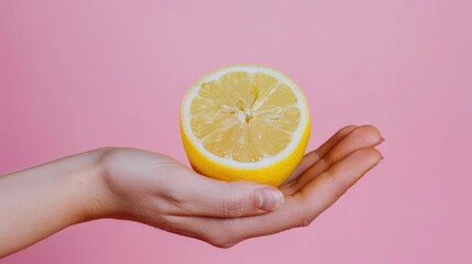 illustration of hand holding fresh lemon fruit slice isolated on pink background. Ai generated