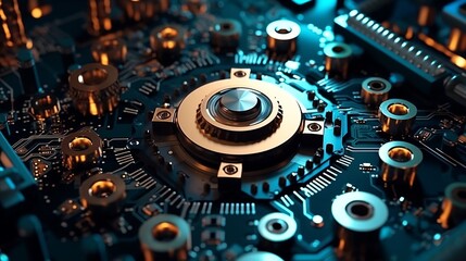 Close-up view of electronic circuit board with gears and cogs