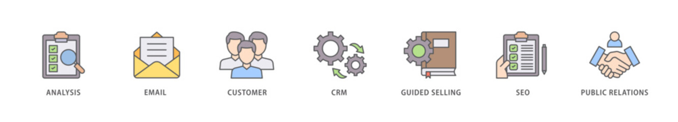 Inbound marketing icon packs for your design digital and printing of analysis, email, customer, crm, guided selling, seo and public relations icon live stroke and easy to edit 