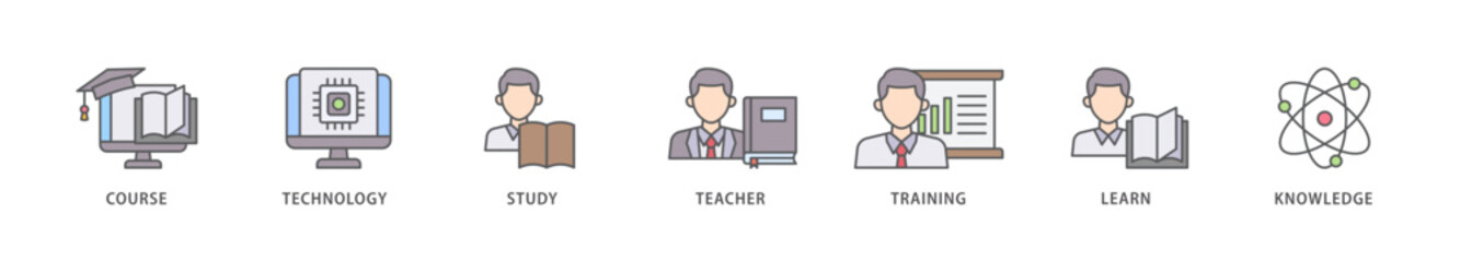 Online education icon packs for your design digital and printing of course, technology, study, teacher, training, learn and knowledge icon live stroke and easy to edit 